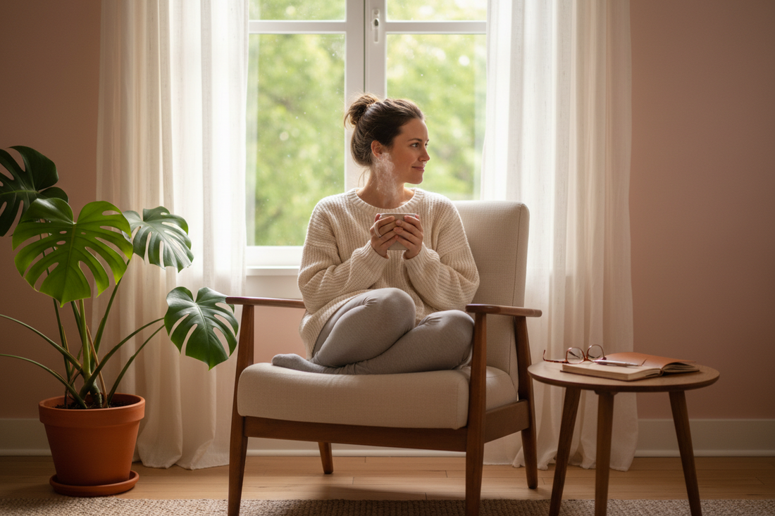Sfeerbeeld van een rustig selfcare moment met kopje thee, dagboekje en zachte details